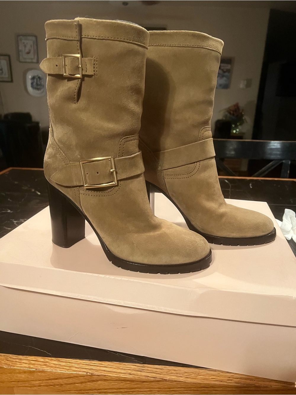 Jimmy Choo Taupe Suede Mid-Calf Buckle Heeled Boots